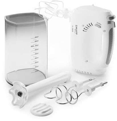 SMAPP 451.5 Handmixer, 580W, Weiß Küchenmixer, 5 Geschwindigkeiten + Turbo Boost, inkl. 2 Rührbesen + 2 Knethaken Edelstahl + Pürierstab + 900 ml Messbecher
