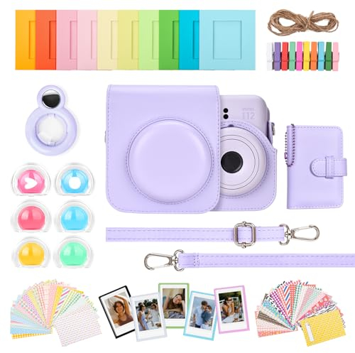 HIYQIN 8 en 1 - Funda y Accesorios Compatible con Fujifilm Instax Mini 12, Kit de Accesorios para Cámara Instantánea Polaroid Instax Mini 12 - Lila Púrpura