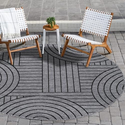 payé In- & Outdoor-Teppich - Antrahzit Grau - 160x160cm Rund - Wendeteppich - Geometrisch - Wetterbeständig für Balkon Terrasse - Indoor Teppiche Wohnzimmer Küche