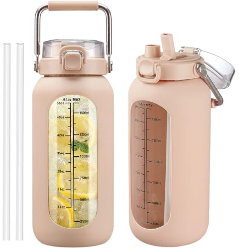 kytffu Glaswasserflasche mit Strohhalm und Edelstahlgriff, 1,8 l Fassungsvermögen, Wasserflasche mit Silikonhülle und Zeitmarkierung, 2 l, große Glasflasche für Fitnessstudio, Schule, Reisen,