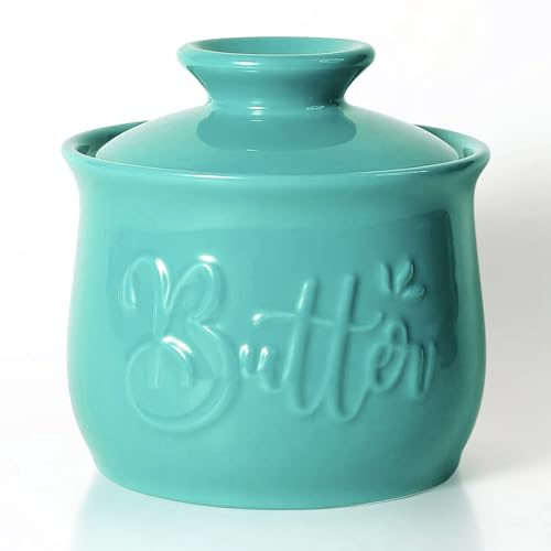MAIA Ceramic 5.5 oz Butter Crock for Counter with Water Butter Spreader Holder for Spreadable Butter French Butter Dish with Lid Butter Keeper on Kitchen Counter Teal Kitchen Décor