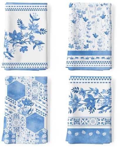 Arquiel Paños y Toallas de Cocina Algodon Set de 4, Toallas de Plato 100% algodón Paño de Cocina Suaves y absorbentes Toallas de té y Toallas de Barra 50 x 70CM Estampado Degradado Azul