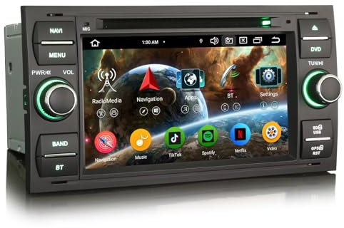 Erisin 7 pulgadas 8 Núcleo 4GB+64GB Android 13 Radio Coche Bluetooth GPS Navegación para Ford C-Max S-Max Focus Galaxy Kuga Fiesta Transit, CarPlay Android Auto WiFi DSP DAB+ FM Pantalla táctil CD DVD