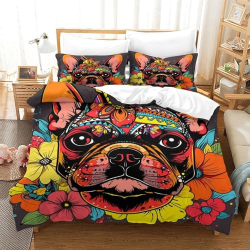 BANEUBBDE Französische BulleeHUNDge Bettbezug Bettwäsche Kinderbettwäsche Reißverschluss Mit Kissenbezug Betten Set Für Jungen Und Mädchen, Kinder Single（140x200cm）