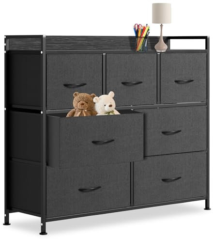Froadp Kommode mit Schubladen aus Stoff Sideboard Wohnzimmer mit 7 Stoffschubladen Schubladenschrank Aufbewahrungsschrank Schubladenbox für Wohnzimmer Flur Schlafzimmer, Schwarz