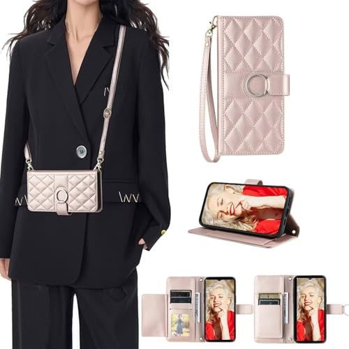 SEHEYA Handys Kette Handyhülle kompatibel mit iPhone 7/8/SE 2020/2022 Hülle mit Band Klapphülle Kordel Handytasche zum Umhängen Etui 2 in 1 Handy Cover Karten Börse, Roségold