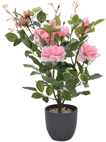 TreesHouse Premium Künstliche Rosen 50-55 cm, Kunstblumen wie Echt, Blumen Deko, Kunstrosen im Topf, Blumentopf aus Beton, Hergestellt in der EU, 6 große Blüten und 3 große Knospen, Fake Rose - Rosa