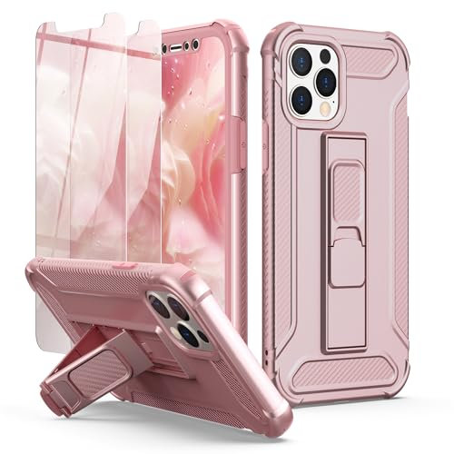 ORETECH for iPhone 12 Case, iPhone 12 Pro Case, iPhone 12 Phone Case with [2 x Tempered Glass Screen Protectors] [Built-in Kickstand] Military Grade Shockproof Protective Silicone Bumper Cover - Pink