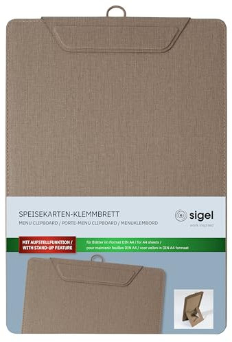 SIGEL KB120 Klemmbrett A4, beige, mit Aufstellfunktion, stabiles, stylisches Clipboard mit edler Leinenstruktur, strapazierfähig und leicht abwischbar, für Speisekarten