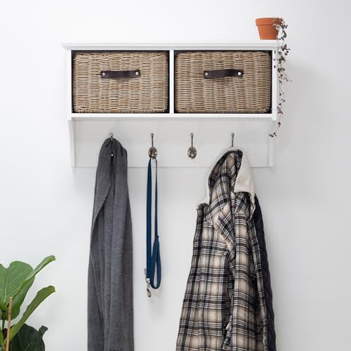 Tetbury Wall Mounted Coat Rack with Storage Baskets | Hanging Shelf 4-5 Double Hooks, Washable Baskets | Fully Assembled Hallway Furniture (white-brown baskets, small)