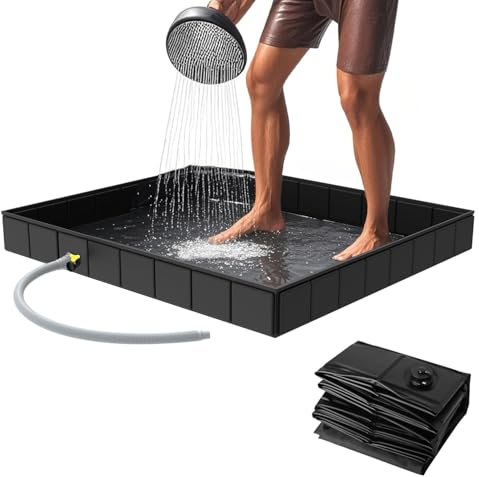 SHANDADDY Plato de ducha plegable para camping, 104 x 104 x 13 cm, plato de ducha plegable con tubo de drenaje extraíble, ideal para autocaravanas, cabinas de ducha de interior y exterior