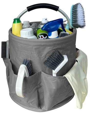 Goujfol Cleaning Caddy with Handle, Tool Bag with Handle, 17L Bucket Bag, Foldable Storage Basket, Portable Multi Cleaning Organiser Caddy, Multi Pocket Craft Universal(Gray)