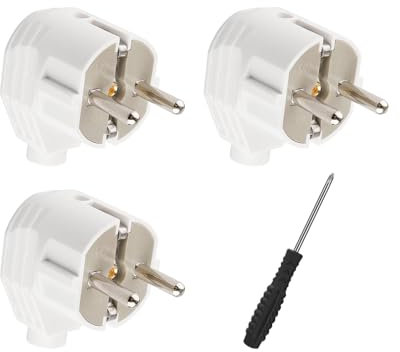 Schuko Stecker, Stromstecker mit Zugentlastung, Schutzkontakt-Stecker mit Knickschutztülle, Spritzwassergeschützt und Langlebig, Bruchfest, Stecker 250V, 3 Stücke