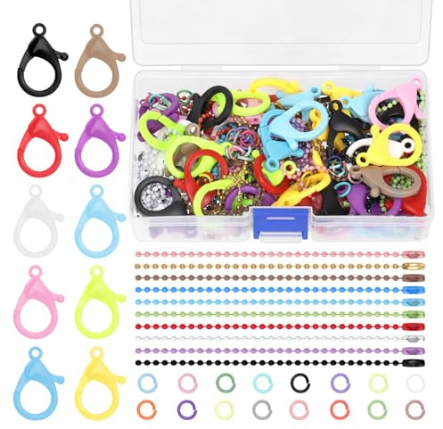 Glarks 150pcs 10 Colors Plastic Lobster Claw Clasps and Ball Beads Chains with Open Jump Rings Kit, 10 Colors Cute Lanyard Snap Clip Hooks Lobster Clasp Hook for Jewelry Making and Keychain DIY Crafts