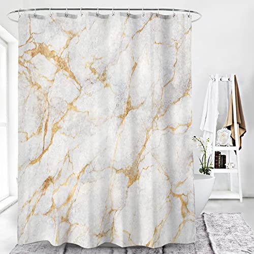 Rideau de douche imperméable effet marbre doré 300 x 180 cm en tissu polyester résistant à la moisissure pour salle de bain avec 12 crochets, décoration d'intérieur pour salles de bains élégantes