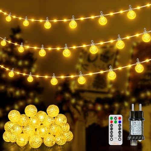 Ollny Lichterkette Außen 20M, IP67 Wasserdicht Lichterkette Strom mit Fernbedienung, 8 Modi Timer Dimmbar Warmweiß Lichterkette Outdoor für Garten Terrasse Balkon Hochzeit Party
