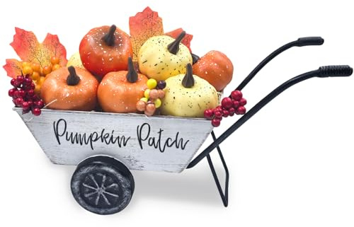 Teeloray Herbst Dekor, 23.5cm Bauernhaus Metall Schubkarre mit Künstliche Kürbis Beeren Blätter Vintage Herbst Kürbiswagen Garten Bollerwagen Deko für Küche Tisch Centerpieces Balkon Terrasse, Weiß