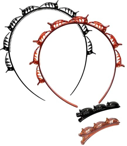 Doppel-Pony-Haarband mit 8 kleinen Clips, doppellagiges Zopfwerkzeug für lockiges, dickes Haar, gezahnte Stirnbänder, Haarflechtzubehör (Schwarz und Rotbraun), 4 Stück