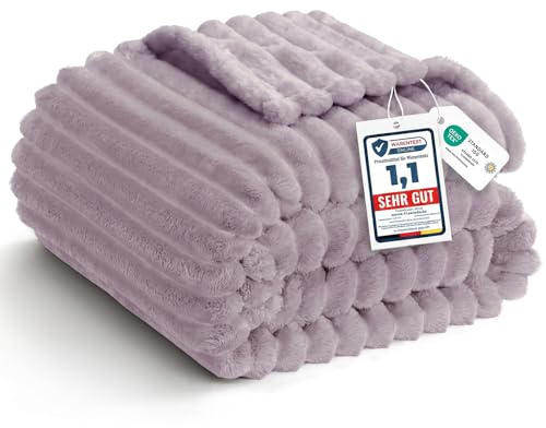 WAVVE Coperta Plaid Pile 150x200 cm, Coperta Letto Singolo/Letto Matrimoniale, Coperta di Flanella a Righe per Soggiorno, Letto, Coperta Divano Caldo Morbida, Viola