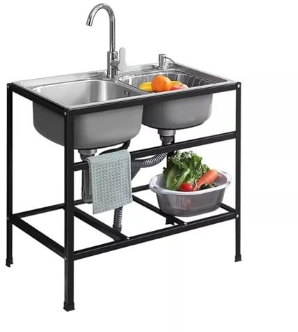 Stainless Steel 2 Bowl Kitchen Sink with Bracket, Freestanding Outdoor Utility Sink for Restaurant, Laundry, Garage