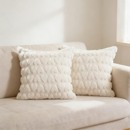 RxaGtn Kissenbezug Beige, Dekorative Kissenbezüge 40x40cm, Weiche Künstliche Pelz Jacquard Herz Kissenbezüge 2er Set, Für Wohnzimmer Dekoration Und Sofakissen Beige, Zierkissen 40x40 Flauschig(Weiß)