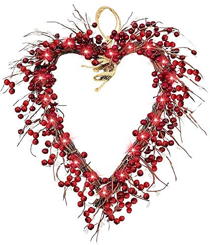 16in Pre Lit Valentines Day Wreath for Front Door, Heart Shaped Wreath with Red Berries with Red Berry White Seeds, Valentines Day Home Decor Gifts for Wall Window Door Decoration
