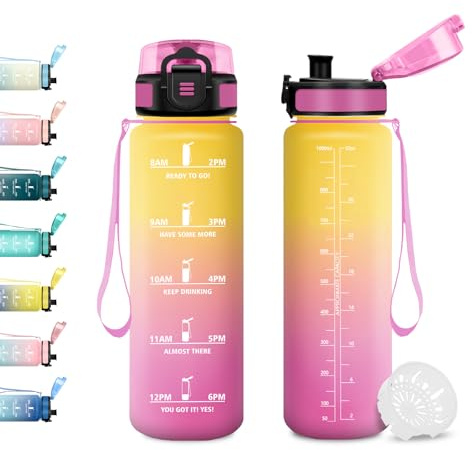 JAPORIA Bouteille d'eau Sport 1L, Gourde avec Marqueur de Temps, Gourde avec Filtre, Étanche, Réutilisable, pour Bureau, Cyclisme, Extérieur