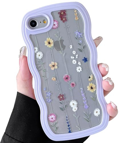 ZTOFERA Aesthetic Curly Wavy Case for iPhone 7/8/SE 2020/SE 2022, Purple | Cute Climbing Flowers Pattern, Hard PC Colored Wave Soft Silicone Bumper Case, Shockproof Protective Cover, for Girls Women