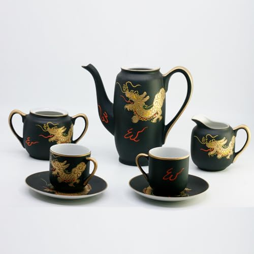 Juego de Café en Porcelana Japonesa, 29 Piezas, Negro Mate con Dragones Dorados, Cafetera, Azucarero, Lechera, 12 Tazas y Platillos