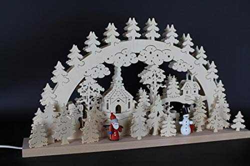 Rudolphs Schatzkiste Schwibbogen mit Weihnachtsmann Schneemann Seiffener Kirche und Beleuchtung BxHxT 60x33x10cm NEU Lichterbogen Fensterbogen Spitzbogen Erzgebirge Seiffen Weihnachten Licht Holz