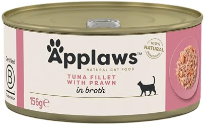 Applaws 100% Natural Wet Cat Food, Tuna Fillet with Prawn in Broth for Adult Cats (Pack of 24 x 156g Tins)