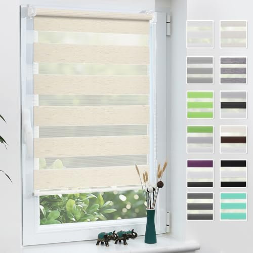 Grandekor Doppelrollo Klemmfix ohne Bohren Leinen 90x130cm(Stoffbreite 86cm) Fenster Rollos für innen Klemmrollos Duo Rollos für Fenster ohne Bohren mit Bohren Privatschutz UV-Schutz Zebrarollo
