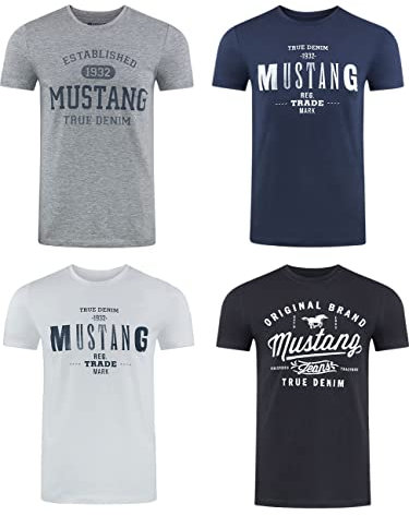 MUSTANG Herren T-Shirt 4er Pack Frontprint O-Neck Rundhalsausschnitt Kurzarm Regular Tee Shirt 100% Baumwolle Schwarz Weiß Grau Blau Grün, Größe:3XL, Farbe:Farbmix (P16)