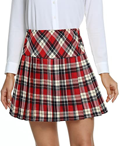 Damen Schule Stil Elastische High Taille Faltenrock A-Linie Kariert Tennis Mini Röcke mit Kurze Hosen(XL, 16)