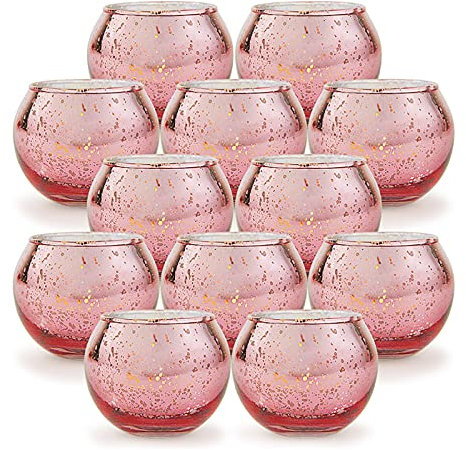 ASSR Votive Rose Gold Candle Holders 12pcs - Round Mercury Glass Votive Candle Holders - Tealight Candle Holder - for Table Centerpiece, Wedding Decoration, Party, Any Theme Events