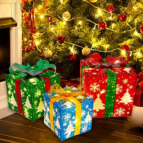 yofit Set of 3 Christmas Lighted Gift Boxes Decorations, 60 LED Light up Present Box with Snowflake, Perfect for Christmas Tree Home Indoor Outdoor Holiday Party Decor