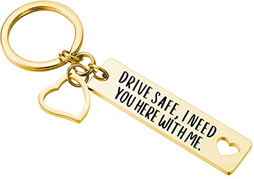 PREMIUM Schlüsselanhänger mit edler Gravur - Drive safe, I need you here with me - Fahr vorsichtig Keychain mit Herz als Glücksbringer und Schutzengel für deinen Lieblingsmensch graviert