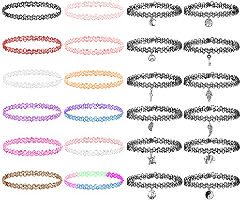 LZYMSZ 24PCS Choker Halskette Set, dehnbare elastische Mädchen Chokers Set, bunte Halskette Anhänger Set für Frauen Mädchen Kinder Teenager weiblich