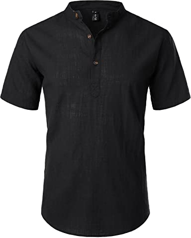 LucMatton Men's Casual Cotton Linen Short Sleeve Henley Shirt Summer Lightweight Banded Collar Beach Tops Black Large
