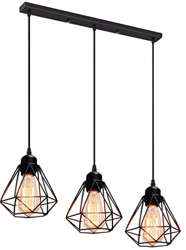 iDEGU 3-flammig Pendelleuchte Schwarz 16cm Industrial Hängelampe aus Metall Käfig Lampenschirm Retro Kronleuchter E27 Fassung Vintage Hängeleuchte für Esszimmer Küche Schlafzimmer Wohnzimmer (Balken)