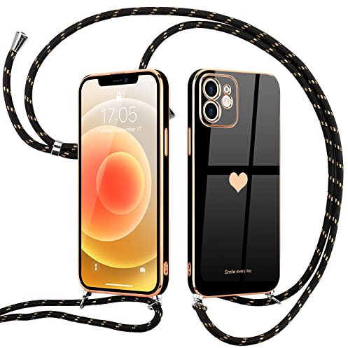 Wirvyuer Handyband Kompatibel mit iPhone 12 Handyhülle Necklace Hülle mit Band zum Umhängen Kameraschutz Liebesherz Schutzhülle mit Halsband Galvanik Silikon Umhängetasche für iPhone 12 Schwarz