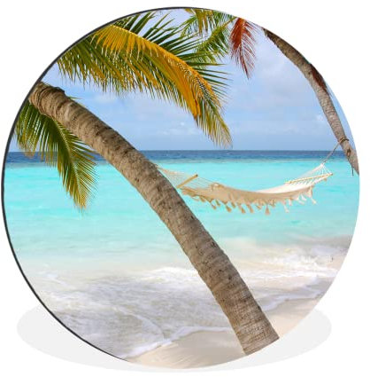 MuchoWow Wandbild Rund Wanddeko Deko Wohnzimmer Bilder 60x60 cm Sommer - Palme - Hängematte