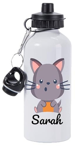 Pickhut Personalised Cute Grey Cat White Water Bottle 600ml Back to School Gift for Kids