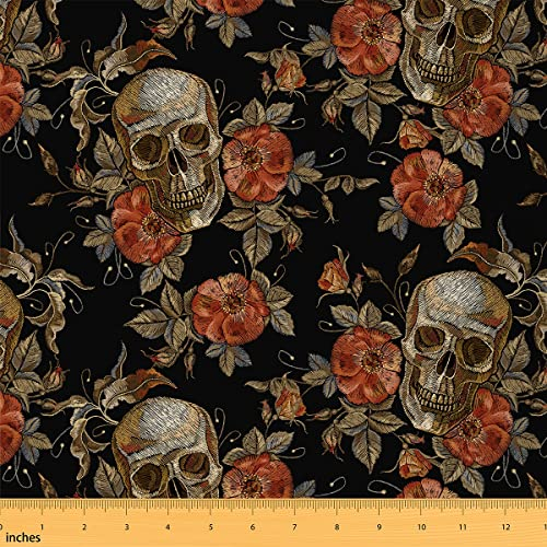 Totenkopf Stoff Meterware Halloween Blumen Polsterstoff Retro Skelett Blätter Dekorativer Stoff Gotik Wasserdichter Draussen Stoff DIY Kunst Polster und Wohnakzente Goldrot 92 x 150 (HxB)