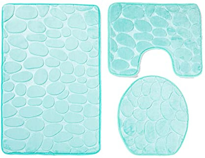 Lifup Badematte 3er Set, Weiche rutschfeste Wasserabsorbierend Badezimmermatte Duschvorleger, 1 Badezimmer Teppiche, 1 Toilettenmatte, 1 Toilettensitzbezug Türkis