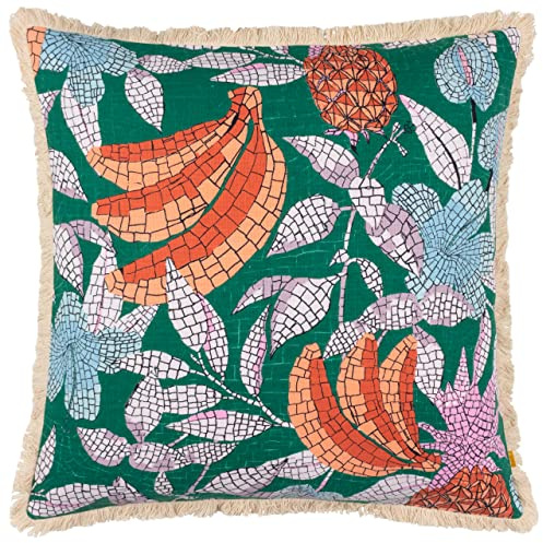 furn. Cypressa Feather Filled Cushion – Mediterranean Floral Fruit Mosaic Tile Decorative Pillow (Teal – 50x50cm)