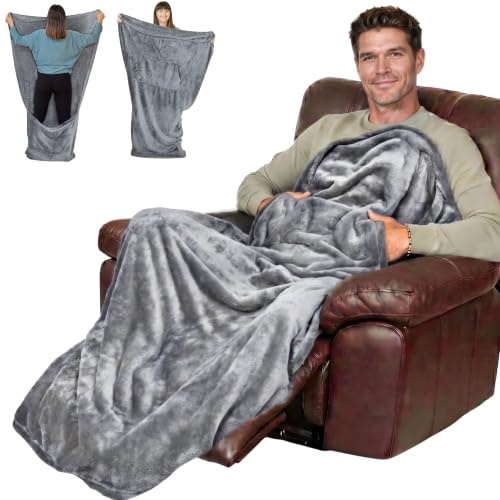 EzrAllora Coperta leggera con tasca Marsupial – 170,2 x 101,6 cm – Coperta in pile di alta qualità per accoglienti notti televisive – regalo per donne – regali per nonno e papà – Coperta per le