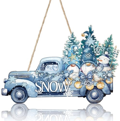 Fairysandy Hello Winter Türkranz Dekor Let It Snow Truck Zwerg Schild | Winterkränze für Haustür, Holz-Bauernhaus-Wandbehang mit Juteseil, Weihnachtsveranda, Hof, Innen- und Außendekorationen