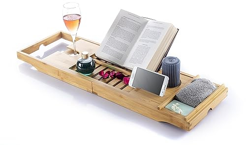 InnovaGoods® Bandeja bañera de Bambu, Bandeja baño Extensible 70-104 cm, Incluye Bandeja extraíble, Bandeja baño con Ranura de sujeción para Smartphone, Soporte para Copas y 3 Niveles de inclinación.