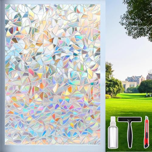 Rainbow Window Privacy Film Decorative, Stained Glass Window Tint for Home, 3D Decals Window Clings for Glass Windows, Static Cling Window Sticker, Suncatcher Window Cover, 29.5 Inch x 78.74 Inch